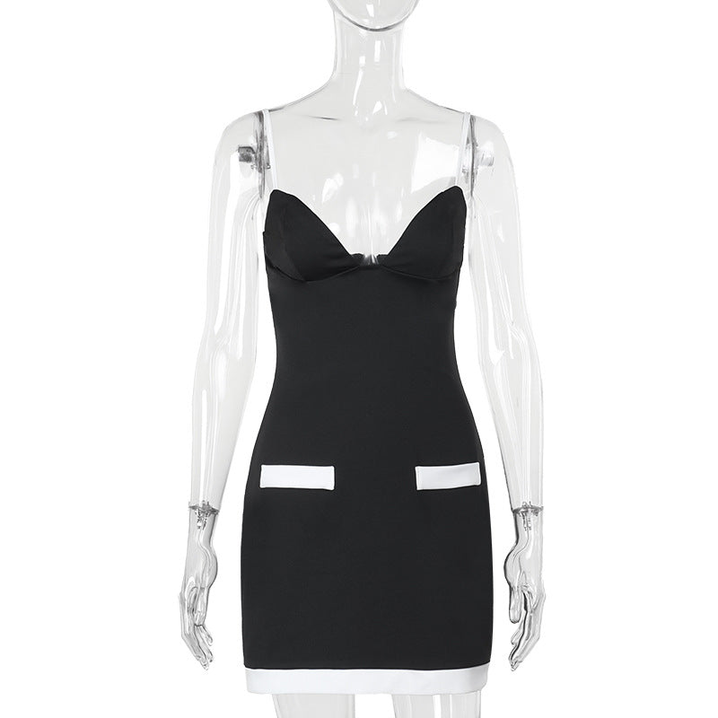 Women sexy contrast color V-neck suspender dress 6