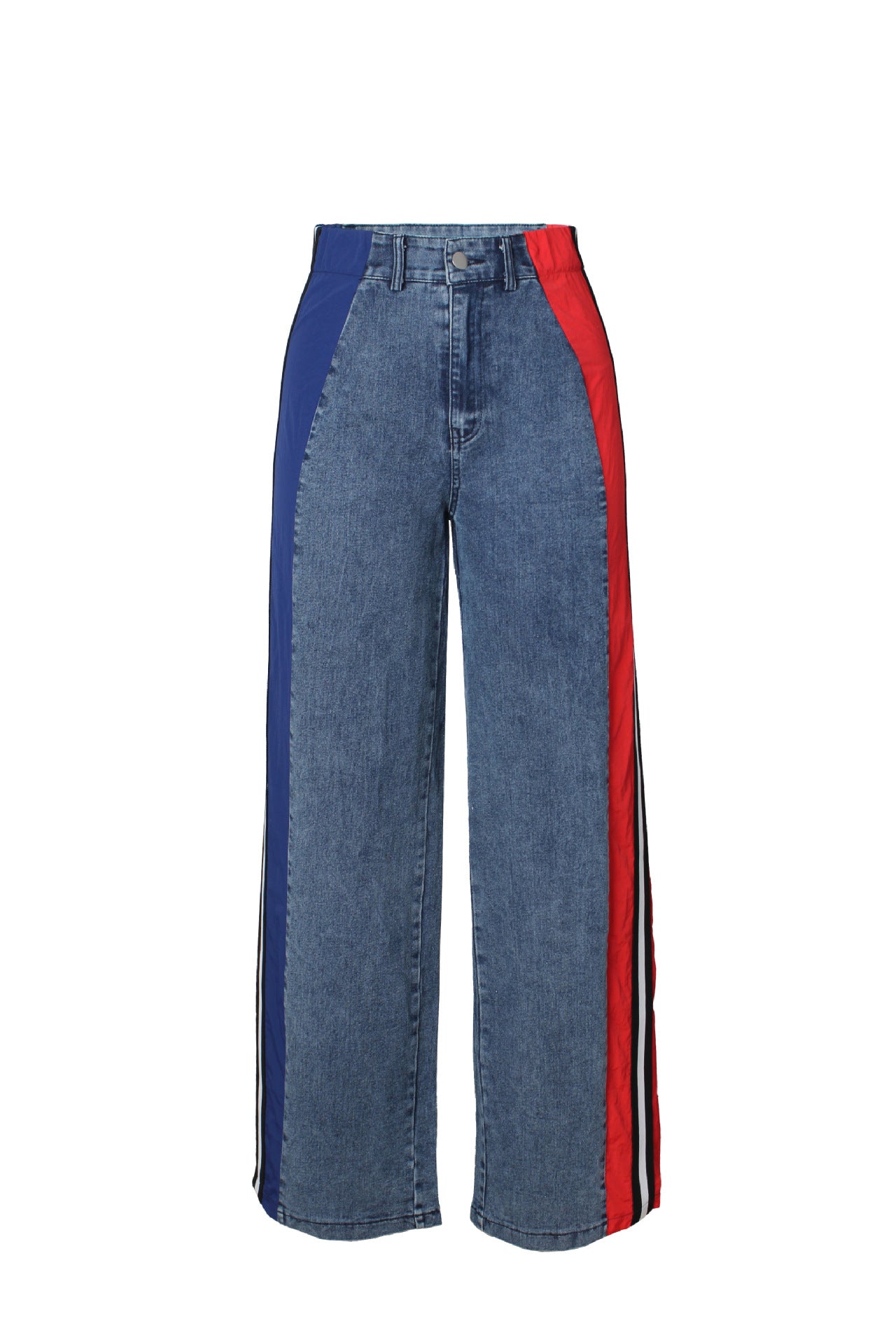Women's Fashion Patchwork Striped Contrast Denim Pants Casual Straight Pants 26
