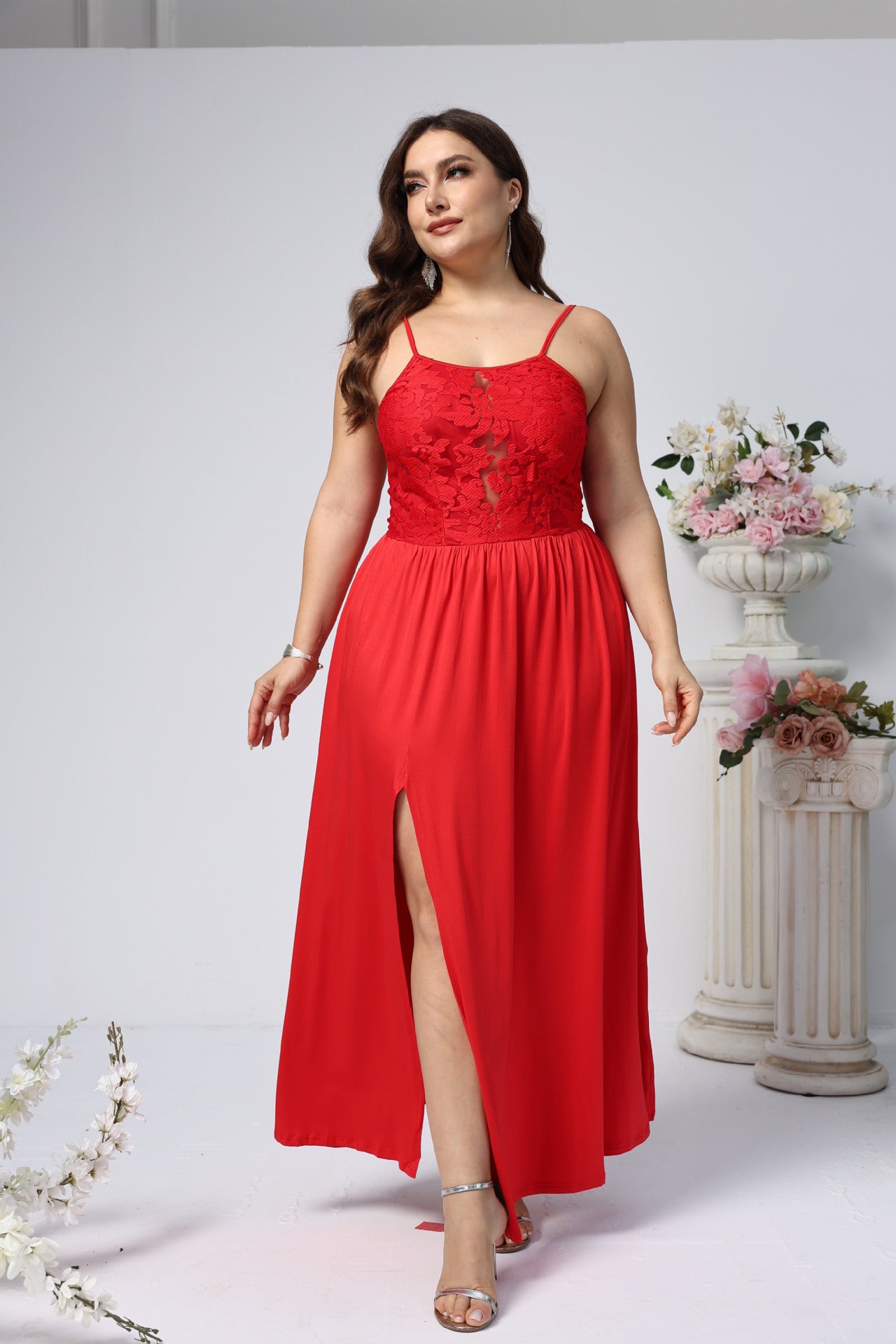 Plus Size Women Solid Sling Backless Slit Dress 3
