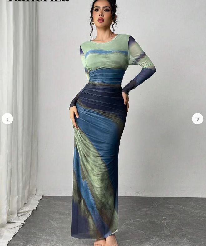 Fashion Mesh Print Ruching Sexy Tight Fitting Round Neck Dress 27