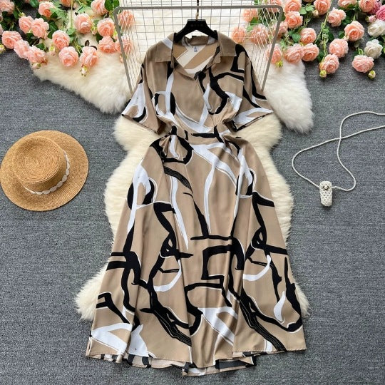 Chic Short-Sleeve Summer Holiday Slim Waist Print Dress 7