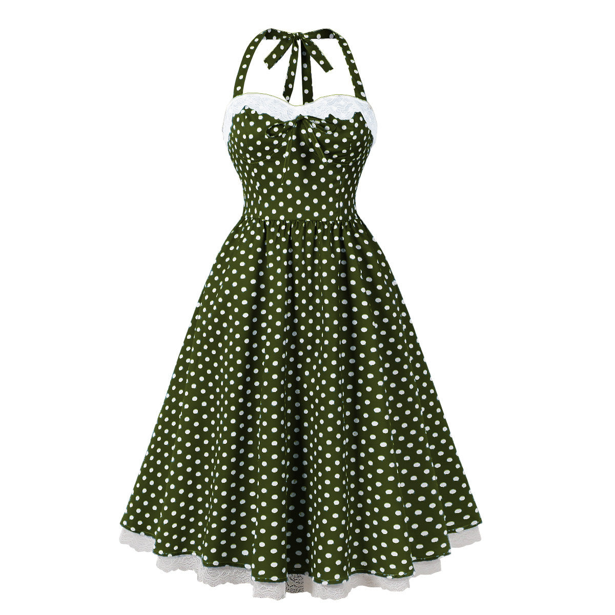 Lace Patchwork Lace-Up Halter Neck Polka Dot Low Back Retro A-Line Party Dress