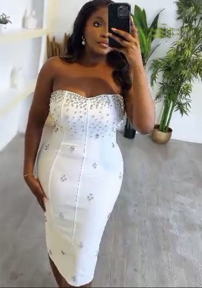 Women Strapless Sexy Backless Slit Diamond Bodycon Dress