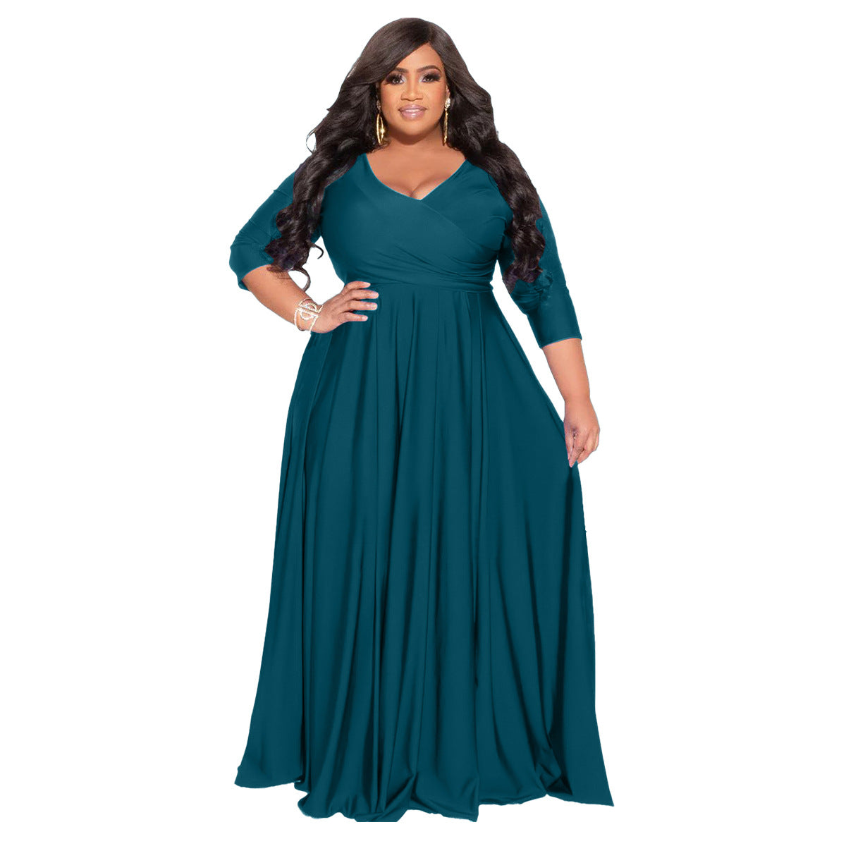 Plus Size Women's Solid Color V-Neck Sexy Wedding Long Dress 17