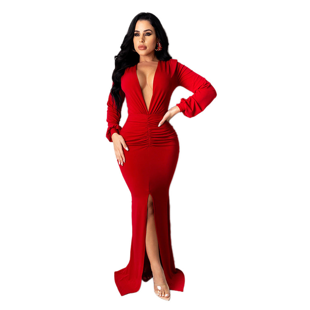 Women Solid V-neck Sexy Slit Long Sleeve Dress 13