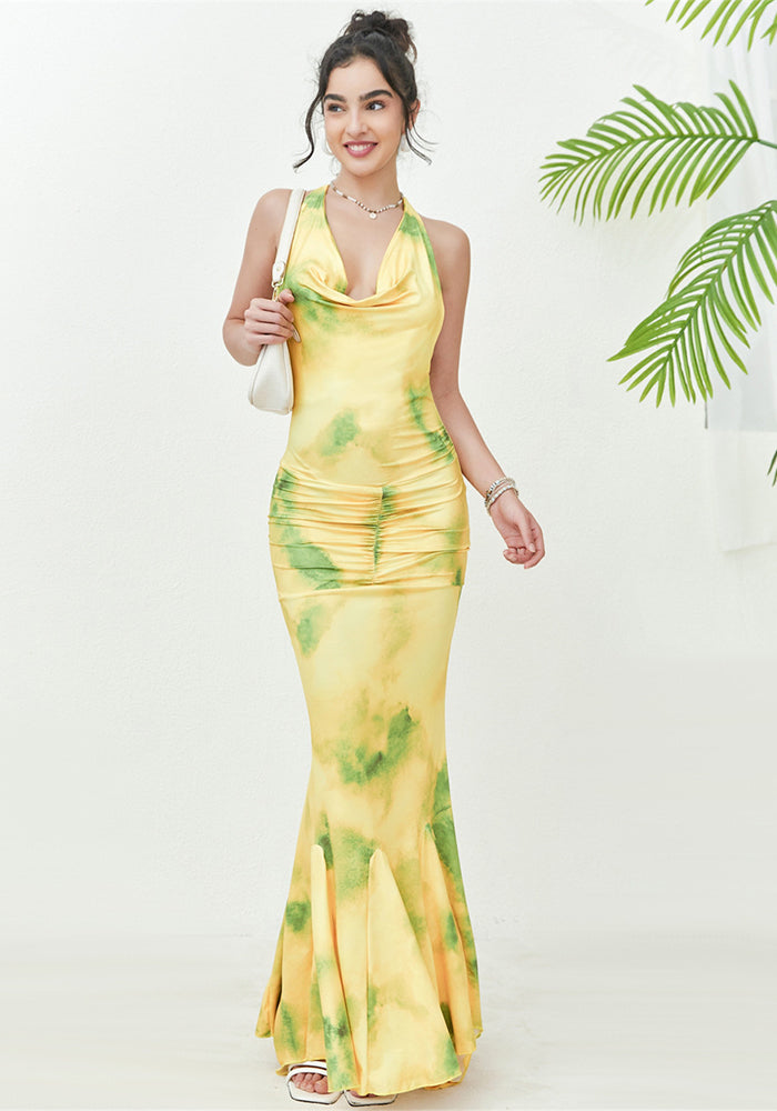 Women's Strap French Chic Style Halter Neck Deep V Printed Ruffle Long Dress