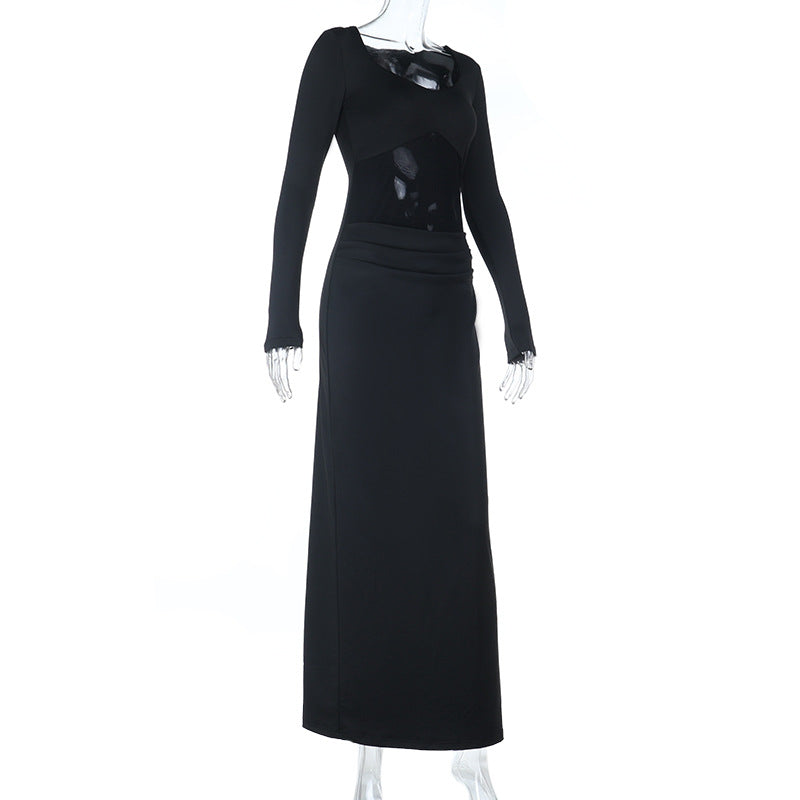 Women Sexy Mesh Patchwork Ruffle Gathered Maxi Dress 6