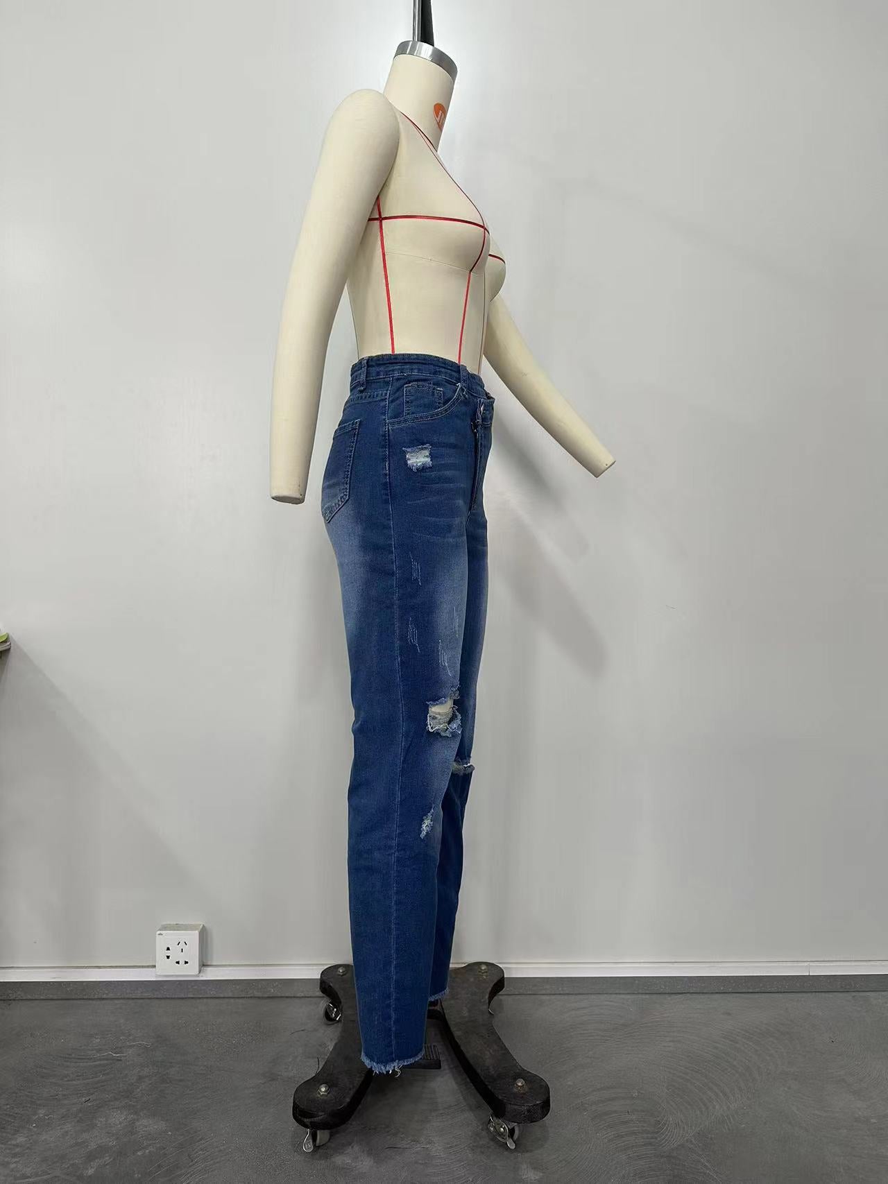 Women Ripped Diagonal Zip Denim Pants 14