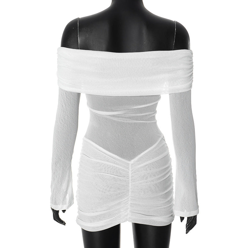 Women's Off Shoulder Mesh Patchwork Sequined Pleated Dress 9