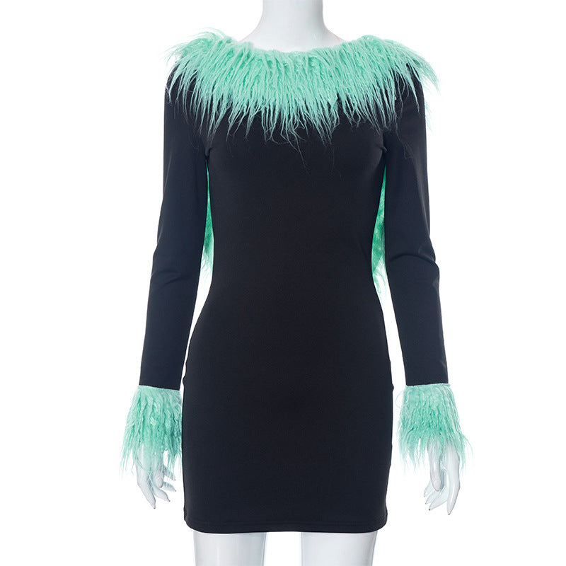 Women's Autumn Fur Collar Patchwork Solid Color Casual Low Back Long Sleeve Slim Dress 9