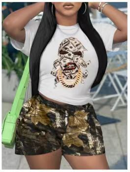 Women's Printed Short-Sleeved Sports Two-Piece Shorts Set