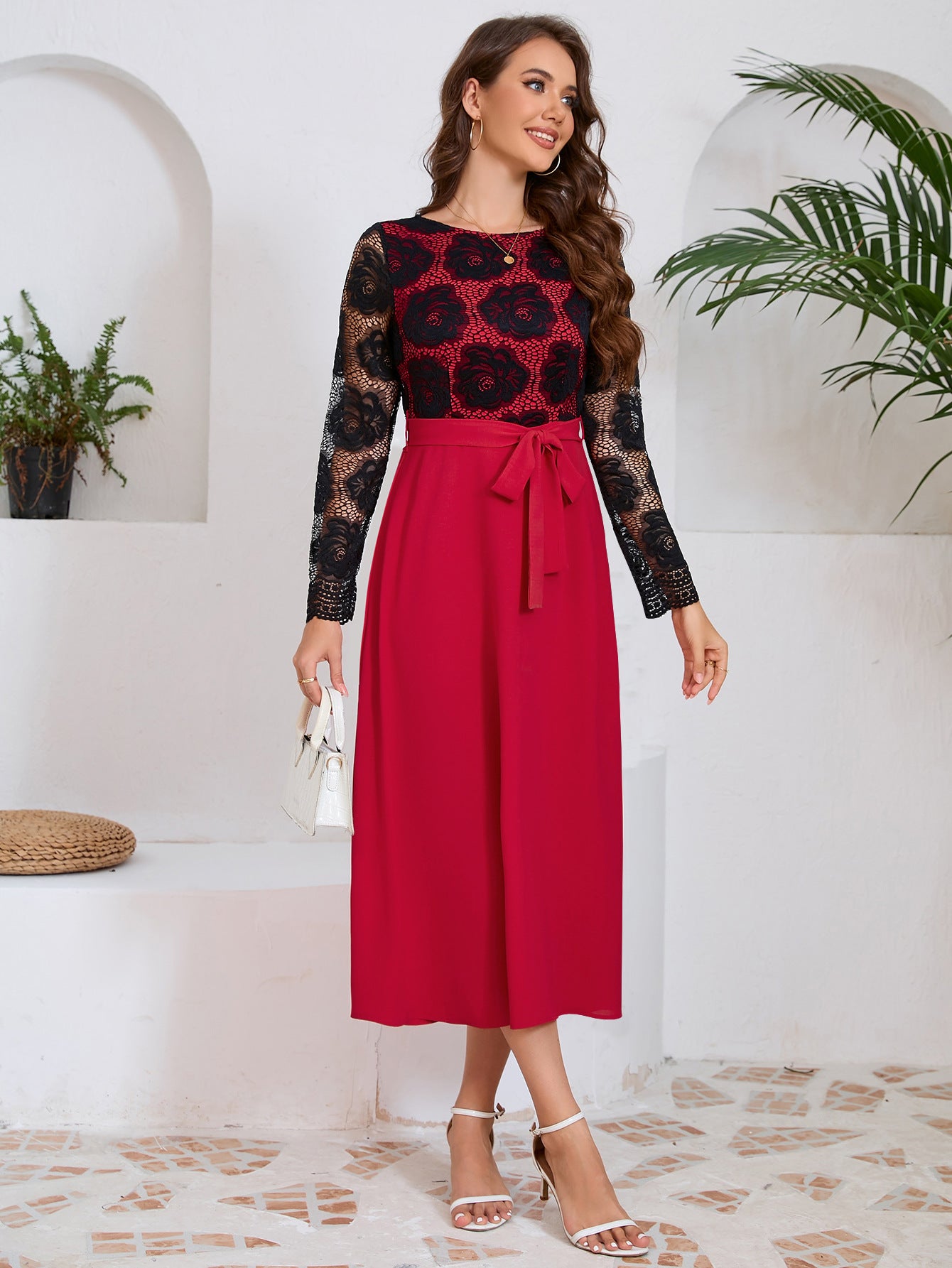 autumn women's Fashion slim Round Neck lace contrast color career dress 4