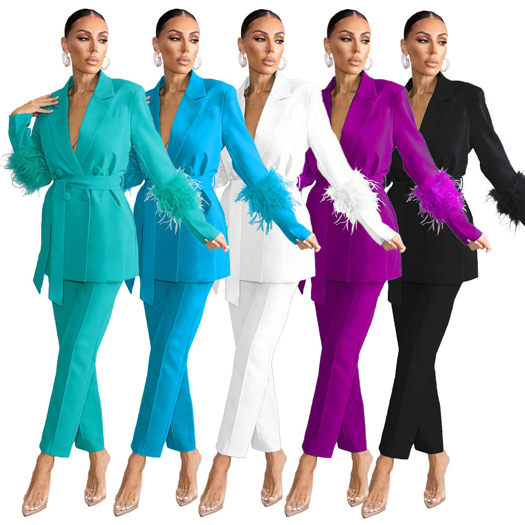 Fuzzy Fashion Casual Long Sleeve Two-Piece Blazer and Pants Set 20