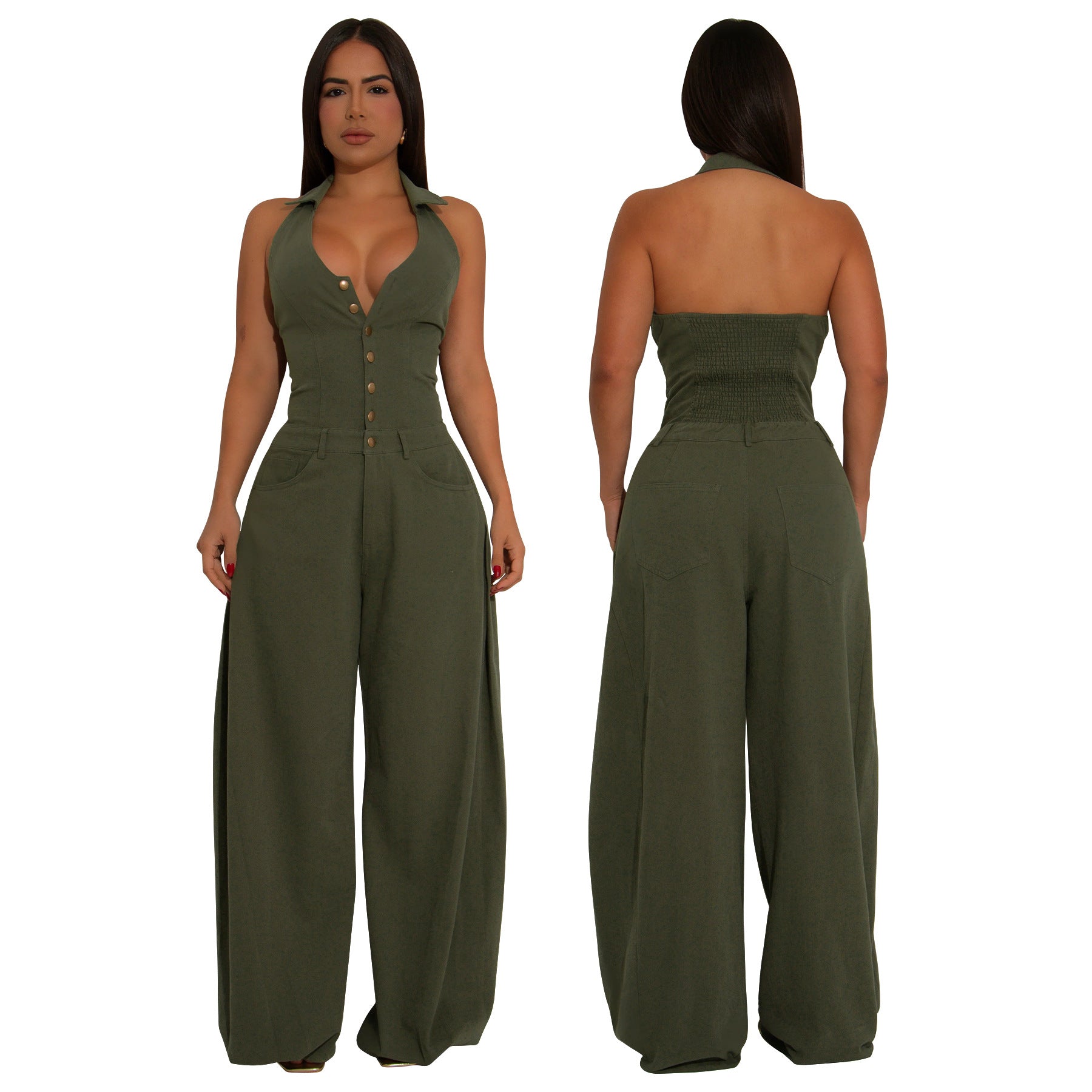 Women Pocket Sleeveless Backless Casual Jumpsuit 3