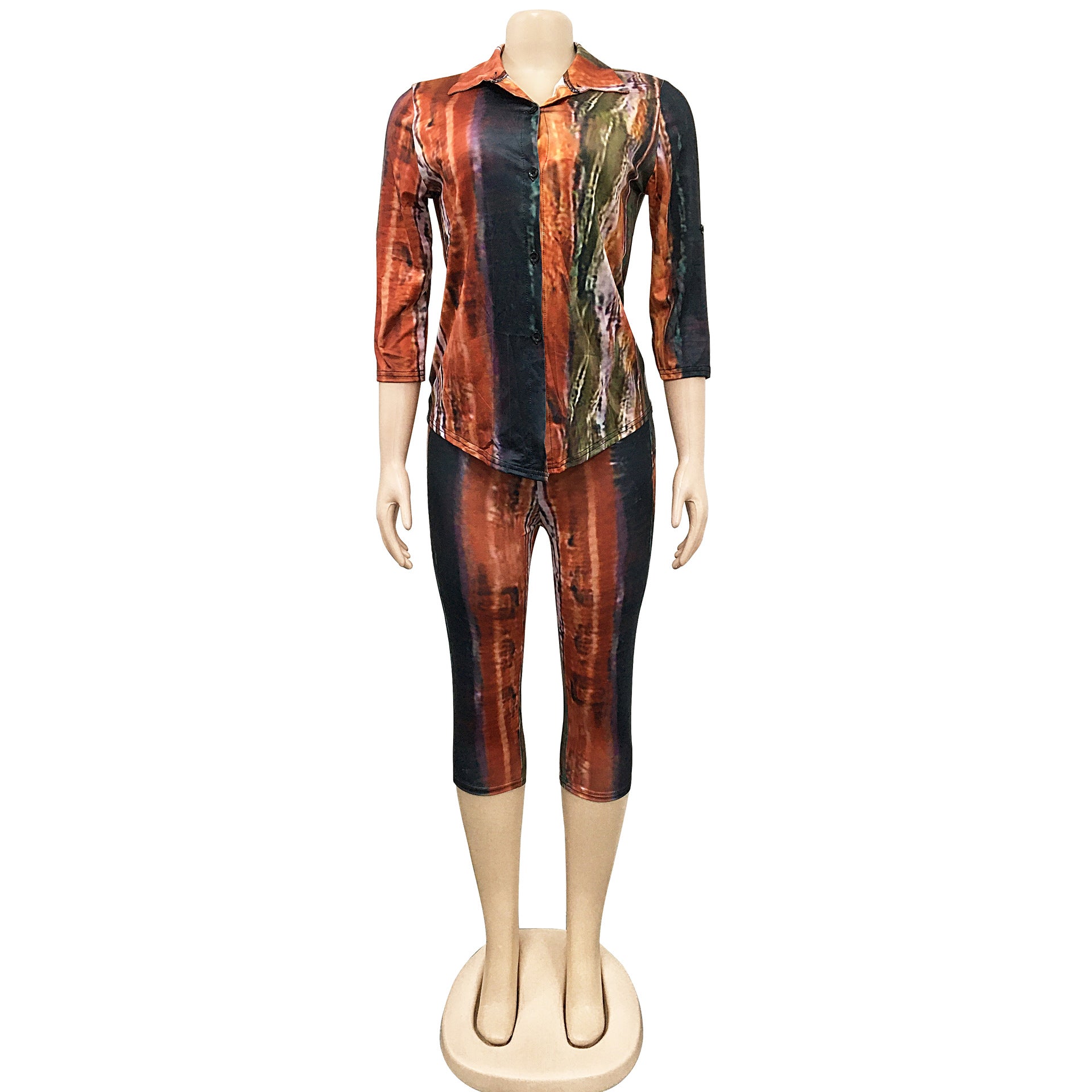 Casual Printed V-Neck Short-Sleeve Shirt Mid-Length Shorts Two-Piece Set 13