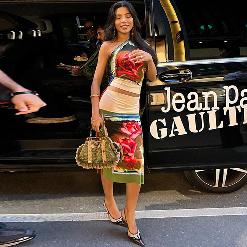 Women's Spring Slash Shoulder One Sleeve Vintage Print T-Shirt Short Skirt Two-Piece Set 5