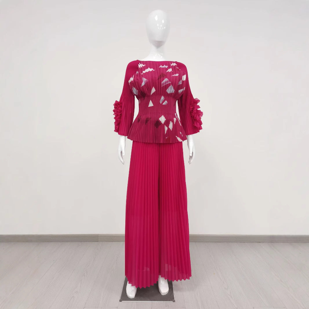 Plus Size Women Casual Pleated Top and Wide Leg Pants Two Piece Set 8