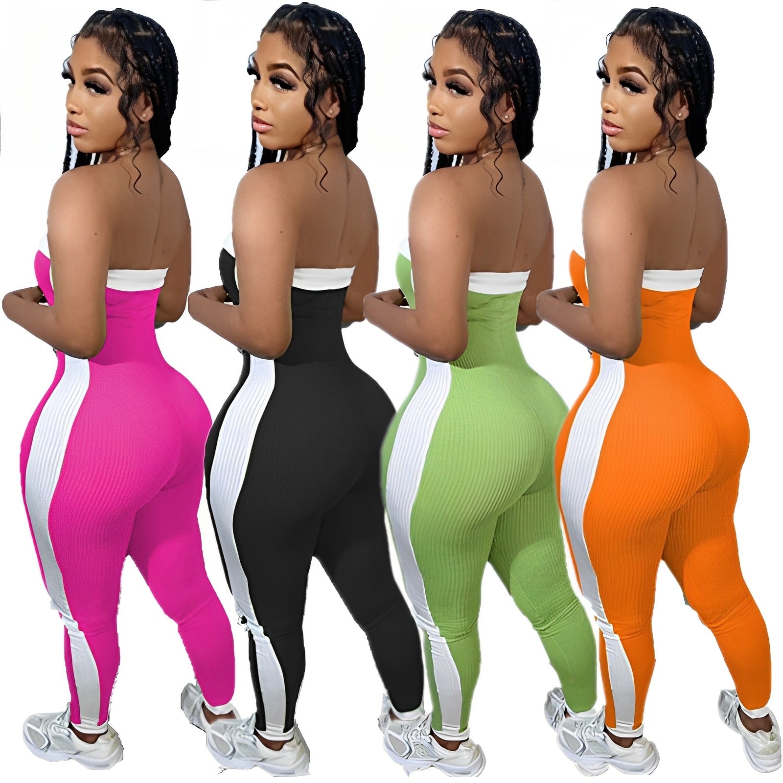 Strapless Color Block Sexy Tight Fitting Sporty Jumpsuit 9