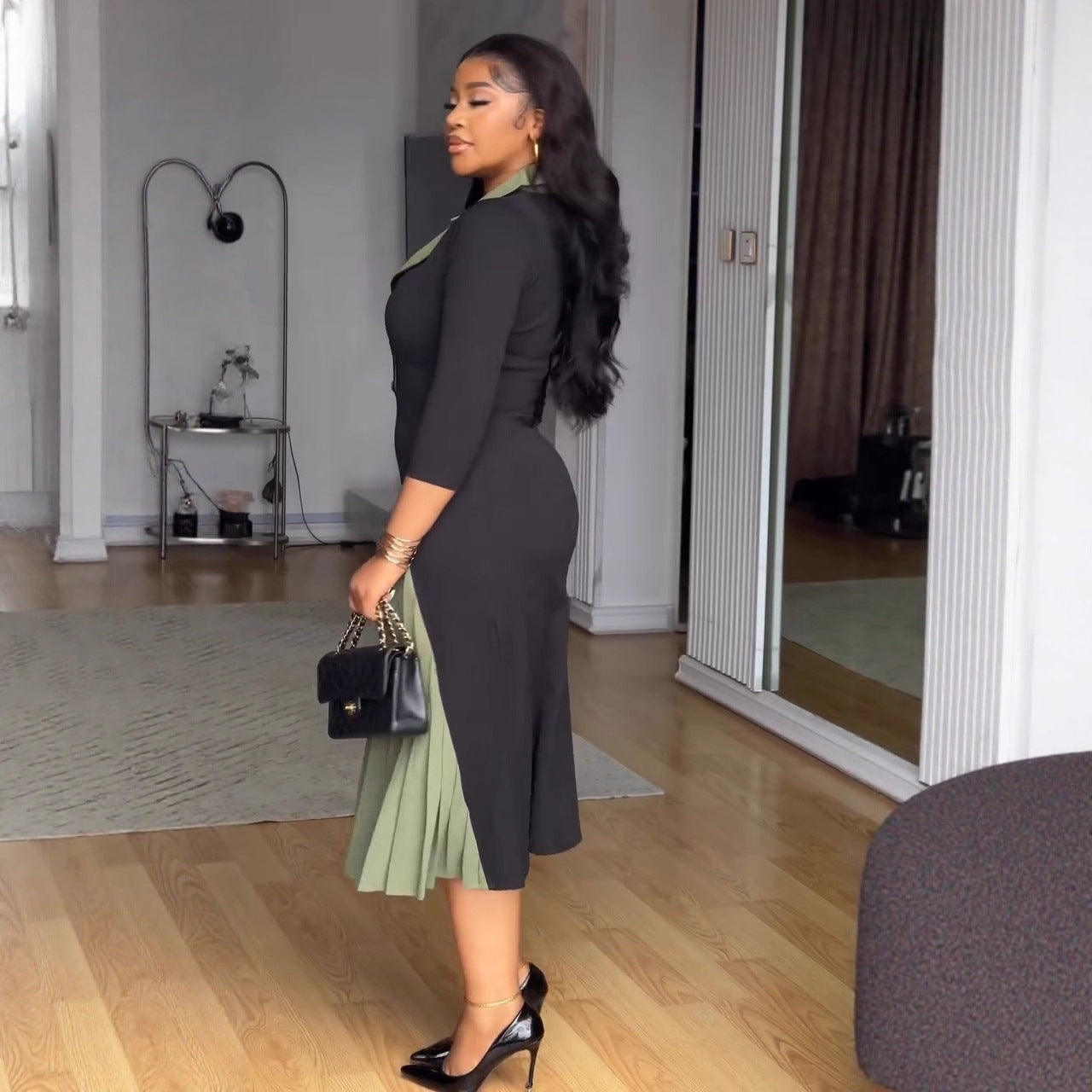 Elegant Career Turndown Collar Slim Waist Color Block Patchwork Pleated Dress 3