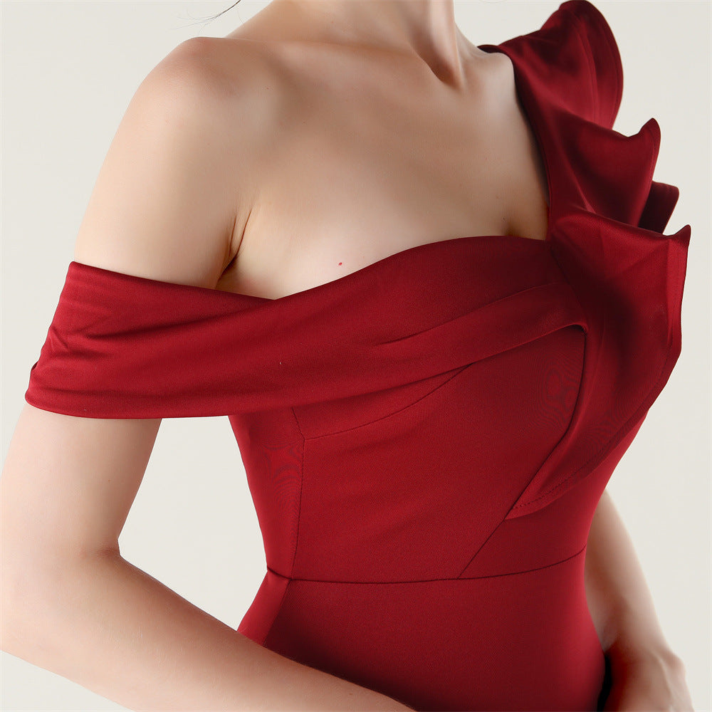 Women ruffled one-shoulder beaded fishtail formal party evening dress 21