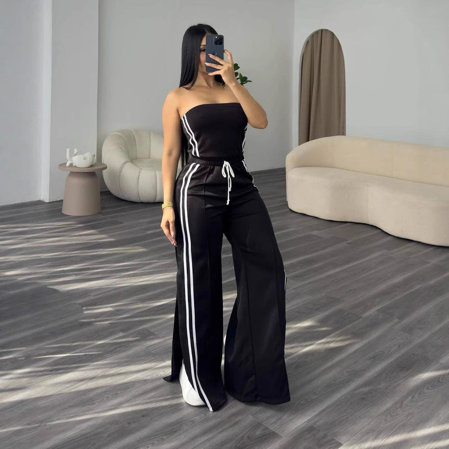 Fashion Women Strapless Tops Loose Pants Casual Two-piece Set 3