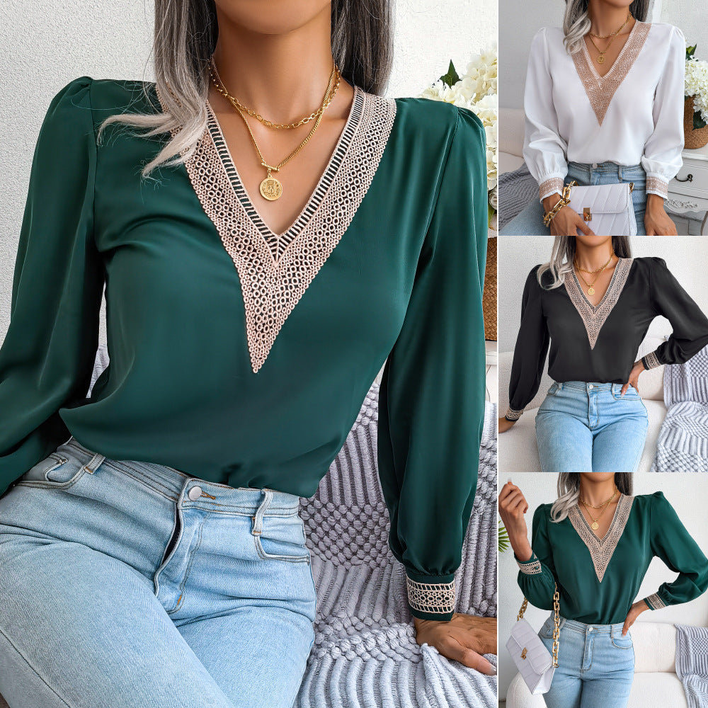 Women Fall Winter Chic Lace v-neck Long Sleeve Chiffon Shirt