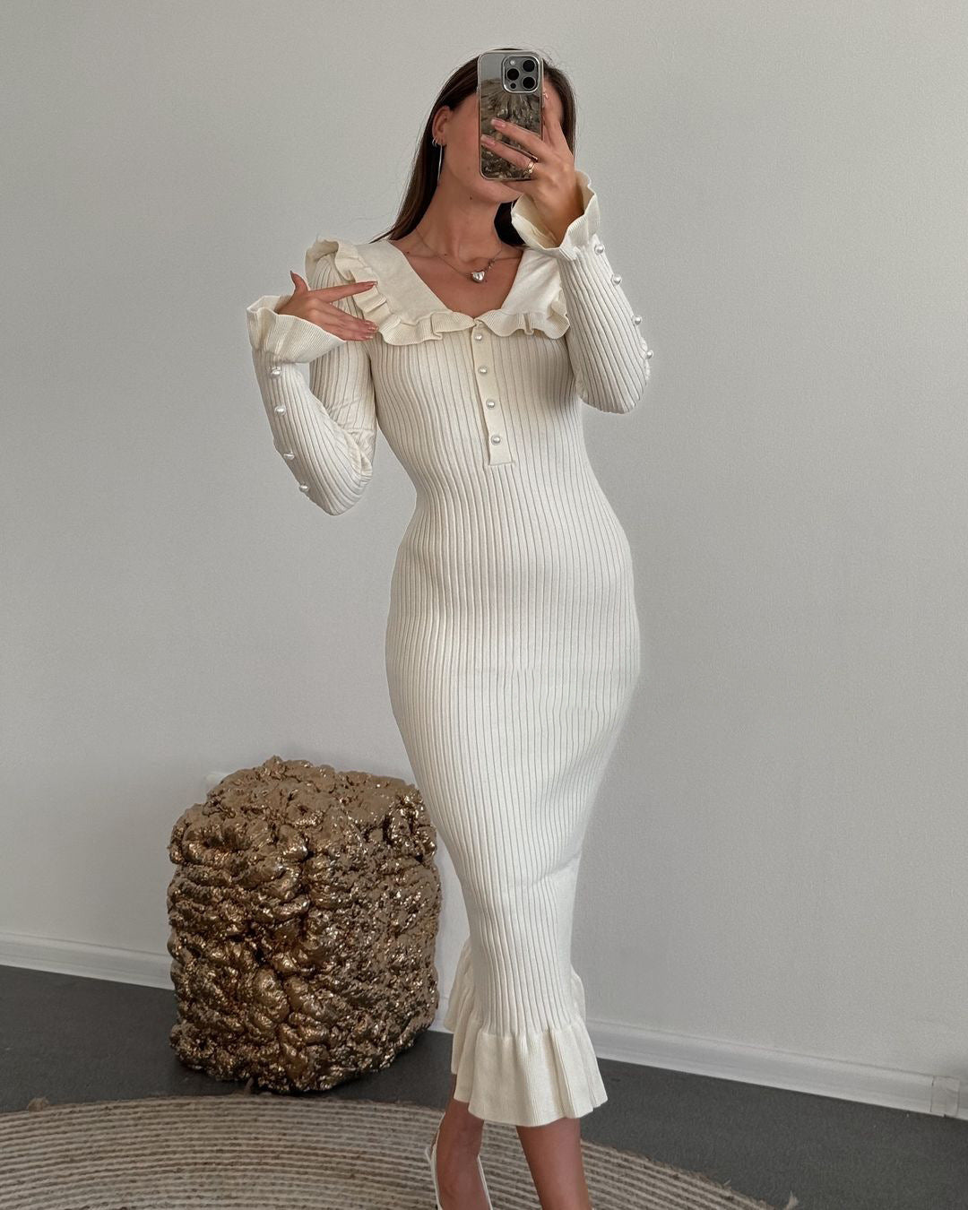 Women Autumn Retro Contrast Peter Pan Collar Ruffle Knitting Dress 4