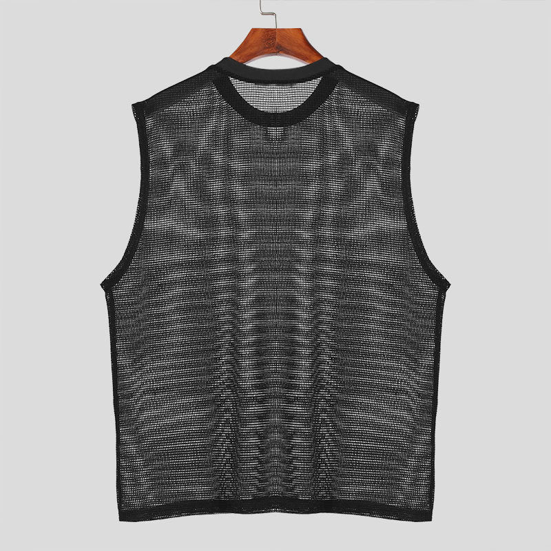Summer Men's Sexy Mesh Round Neck Tank Loose Casual Sleeveless See-Through Vest 4