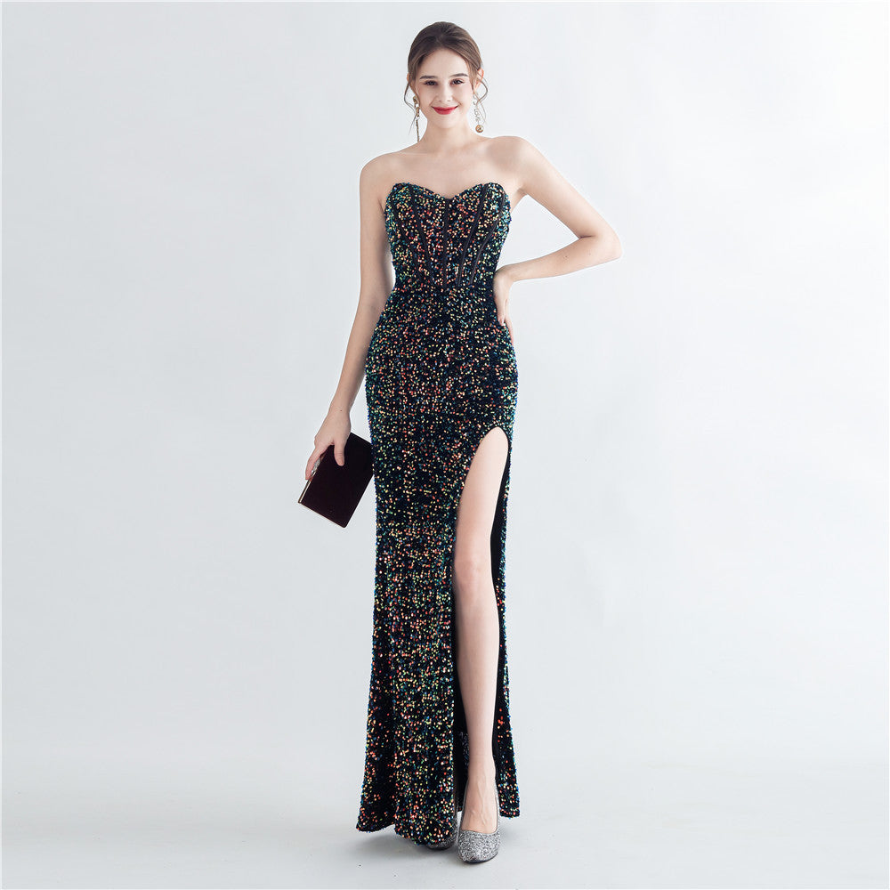 Sexy Sequins Side Slit Strapless Elegant Herringbone Evening Gown 16