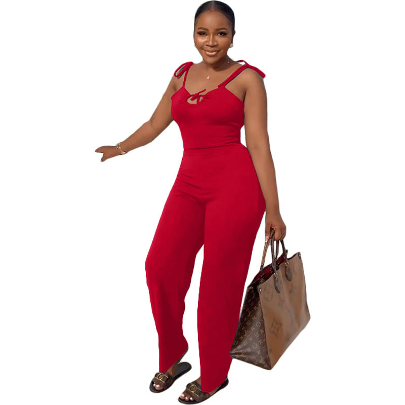Spring Summer Women's Fashion Sexy Casual Women's Straps Lace-Up Solid Color Jumpsuit 9