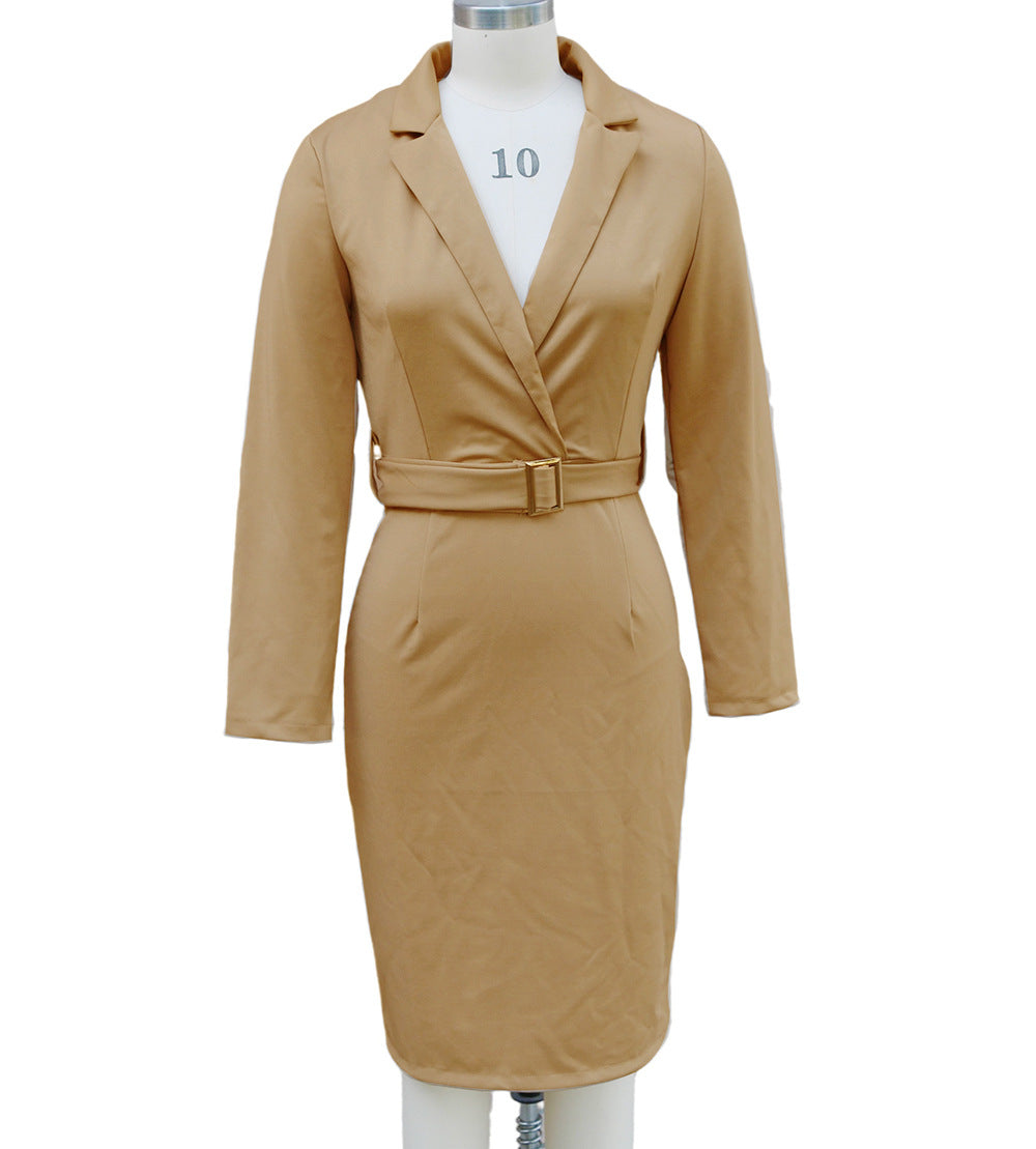 Women's Autumn Chic Turndown Collar High-Waisted Belted Office Dress 11