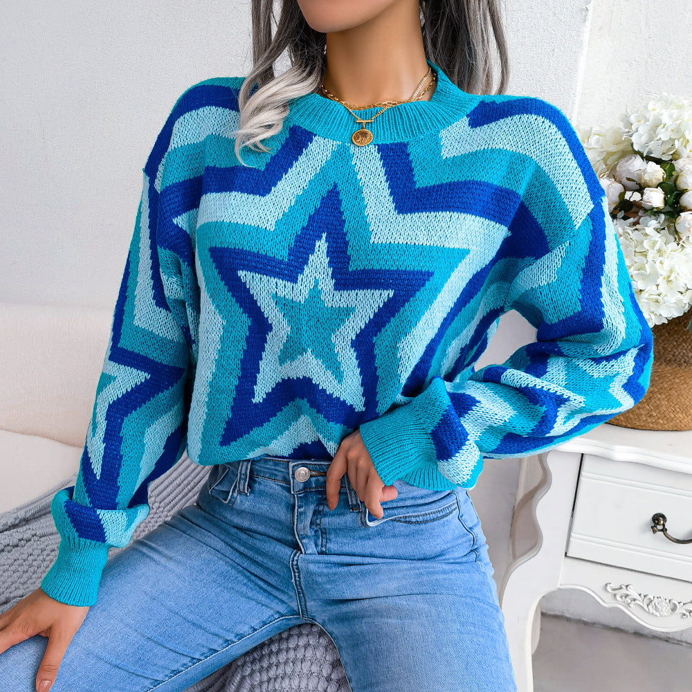 Women Autumn and Winter Contrast Color Star Long Sleeve Sweater 4
