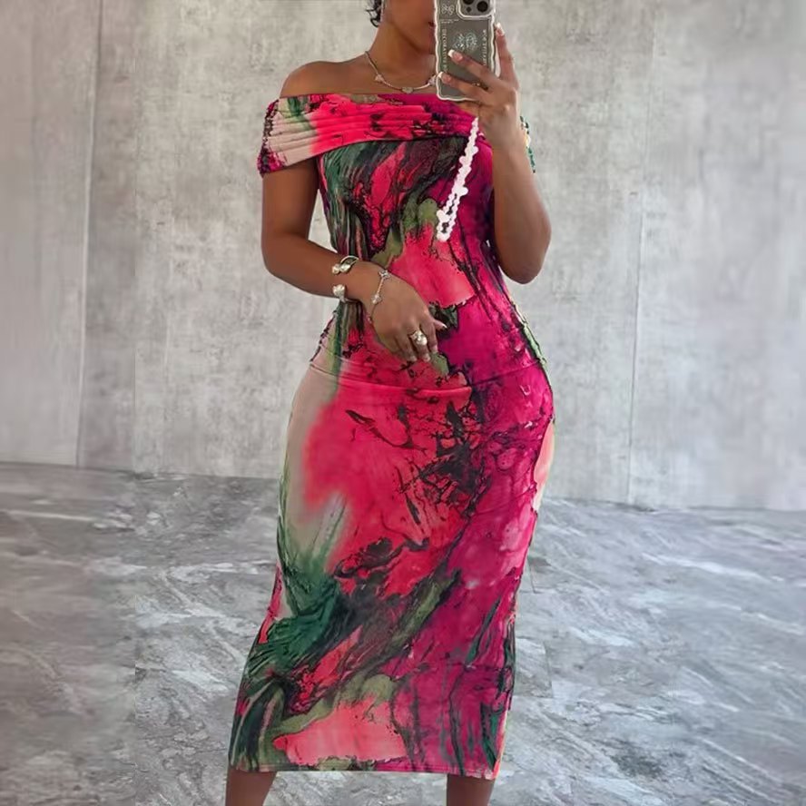 Women Sleeve Casual Sexy Off Shoulder Print Sleeveless Stretchy Bodycon Dress 6