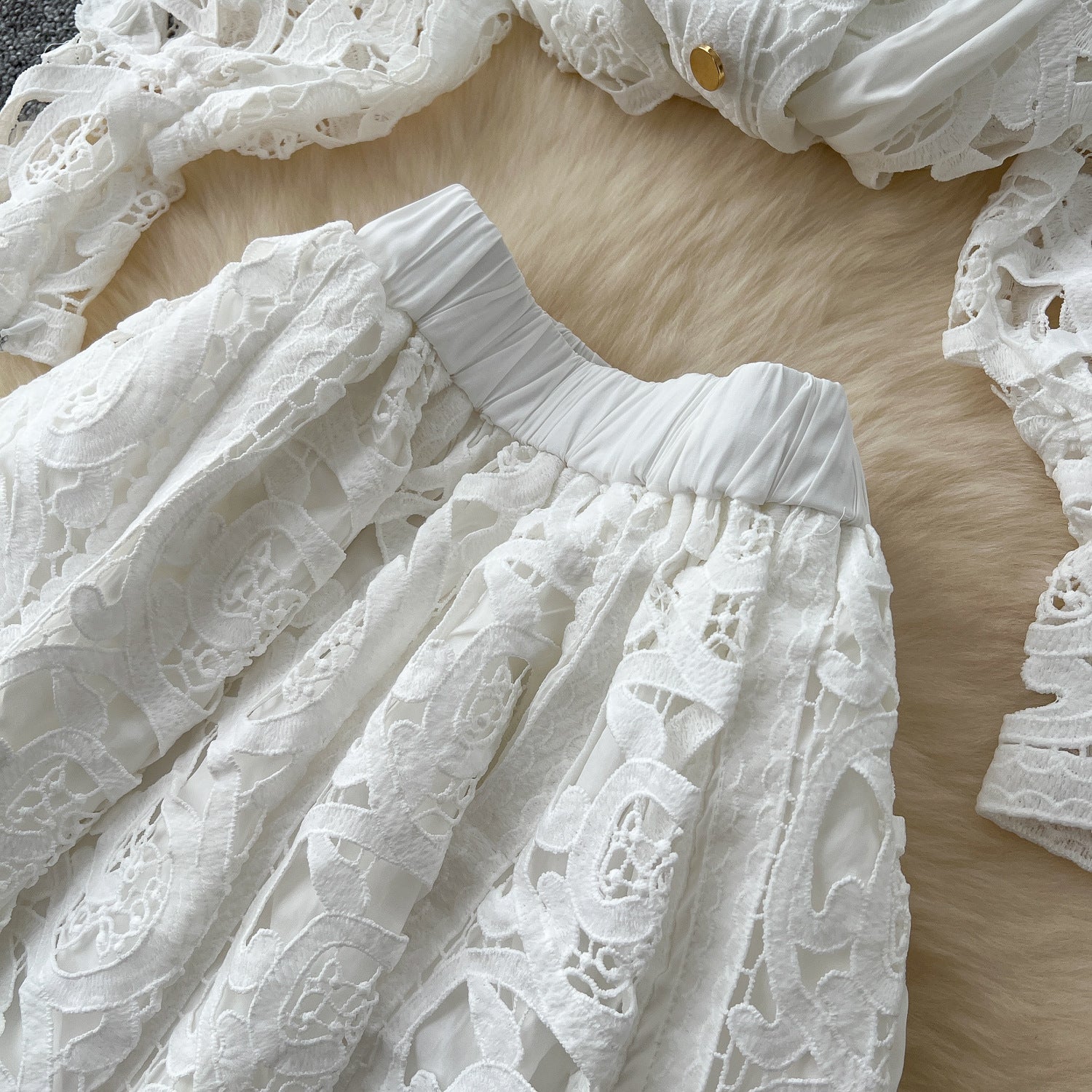 Autumn Lace Sheer Embroidered Blouse High Waist Midi Skirt Set 21