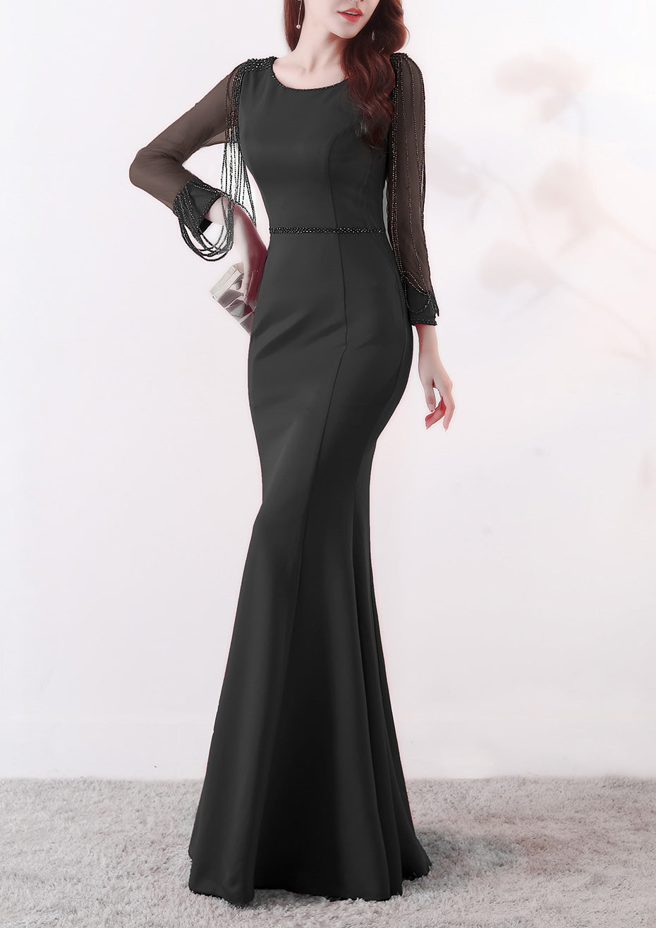 Bridal toast autumn long-sleeved rhinestone chain mermaid long evening dress 10