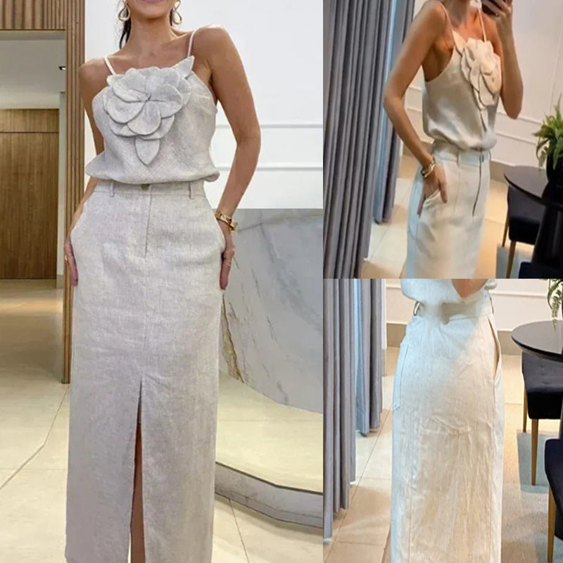 Women's Floral Strappy Top & Skirt Chic Linen Set 4