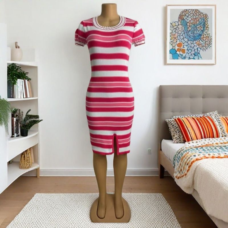 Women summer slit contrast stripe round neck short sleeve bodycon knitting dress 3