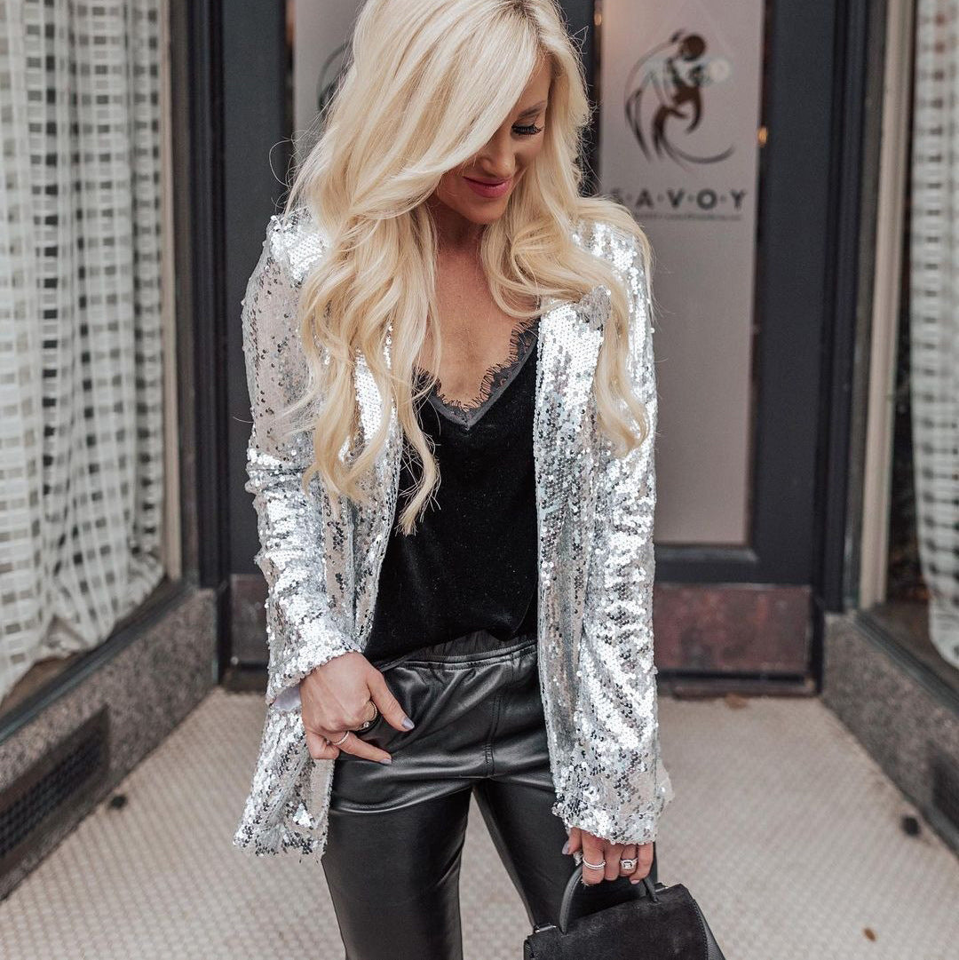 Women Fashion Sequin Long Sleeve Chic Blazer