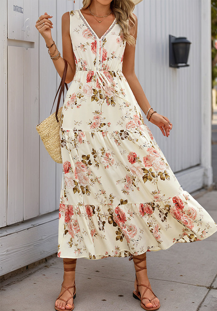 summer women's floral printed sleeveless V-neck casual dress
