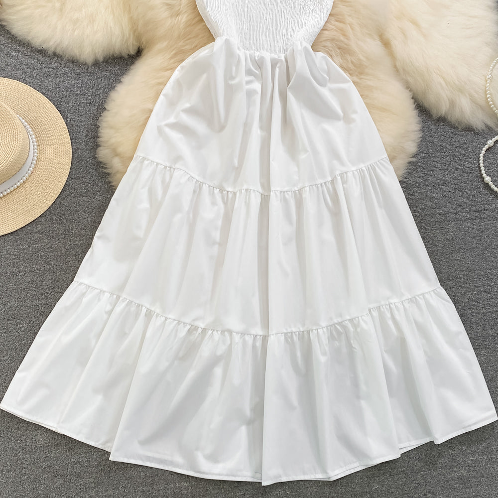 Retro Chic Sleeveless Slash Shoulder Slim Waist Slim Fit Beach Holidays A-Line Long Dress 76