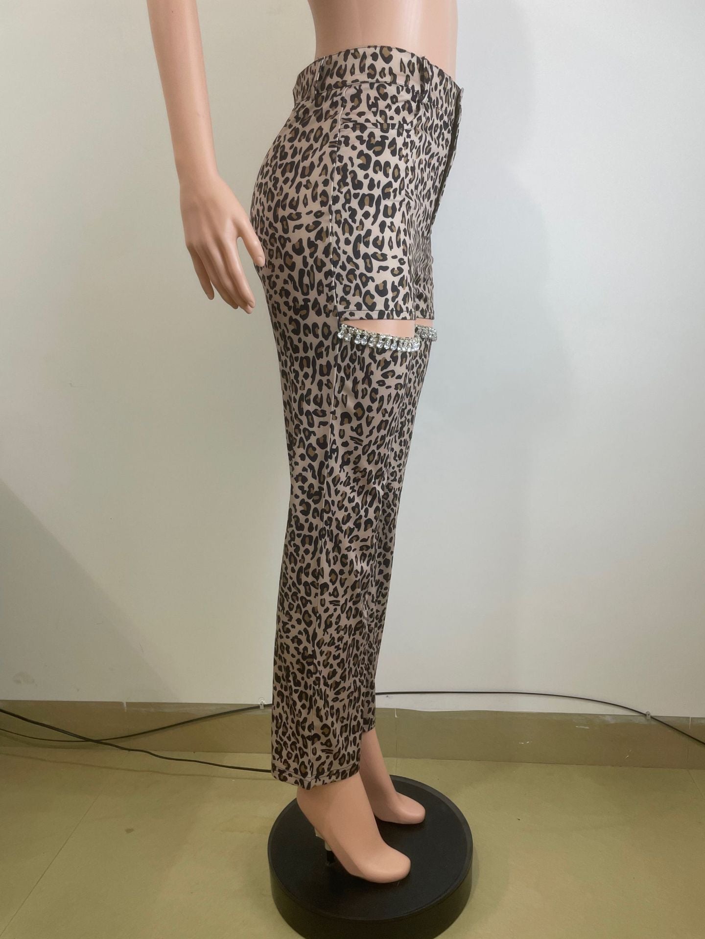 Fashionable High Waist Hollow Leopard Print Diamond Casual Trousers 8