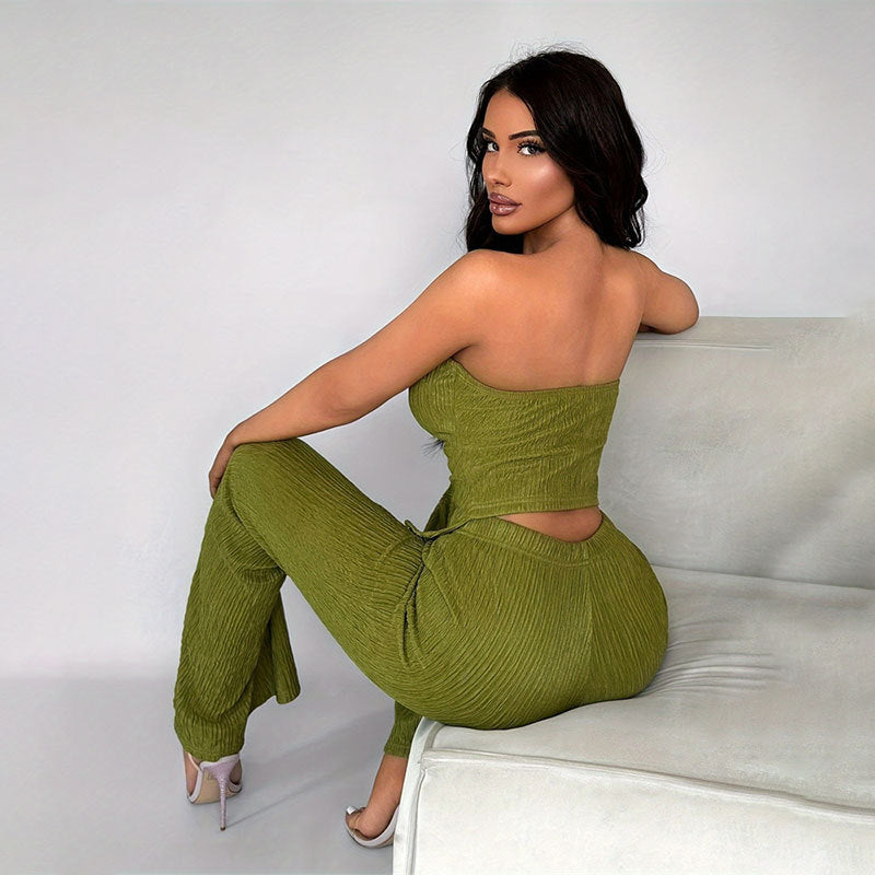 Elastic Button Strapless Top Bell Bottom Casual Pants Summer Two-Piece Set Women's Clothing 4