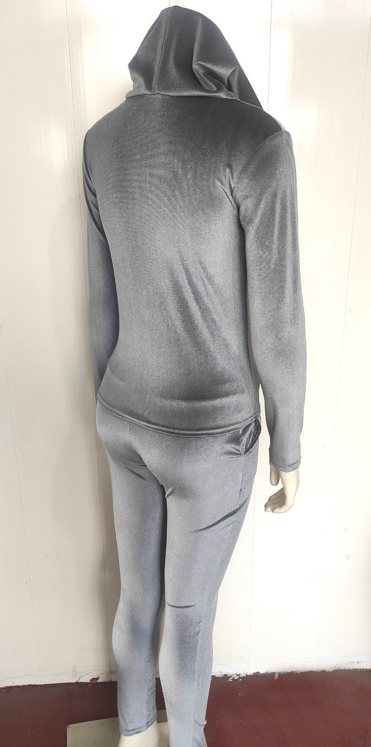 Women Fall and Winter Casual Velvet Hooded Zippered Top Long Pants Two-piece Set 15