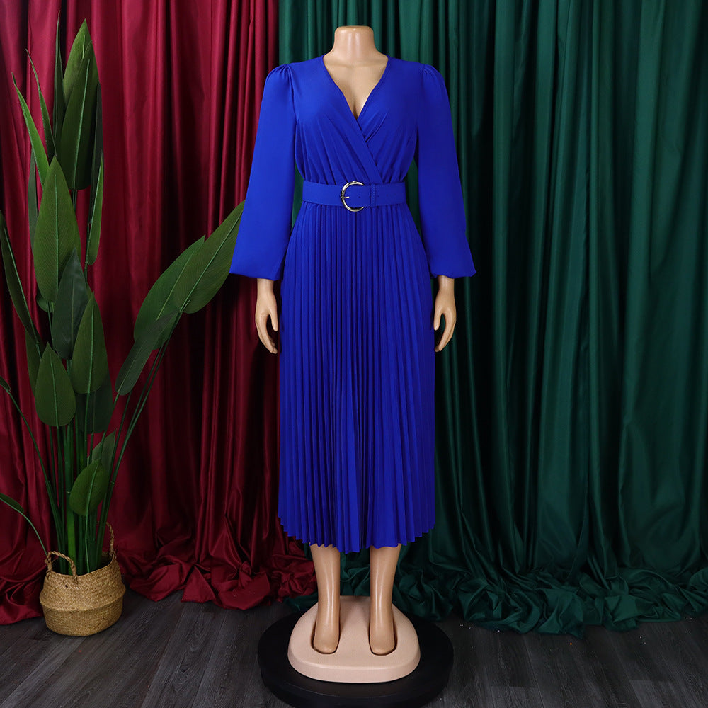 Plus Size Women Long Sleeve V-Neck Pleated Maxi Dress 23