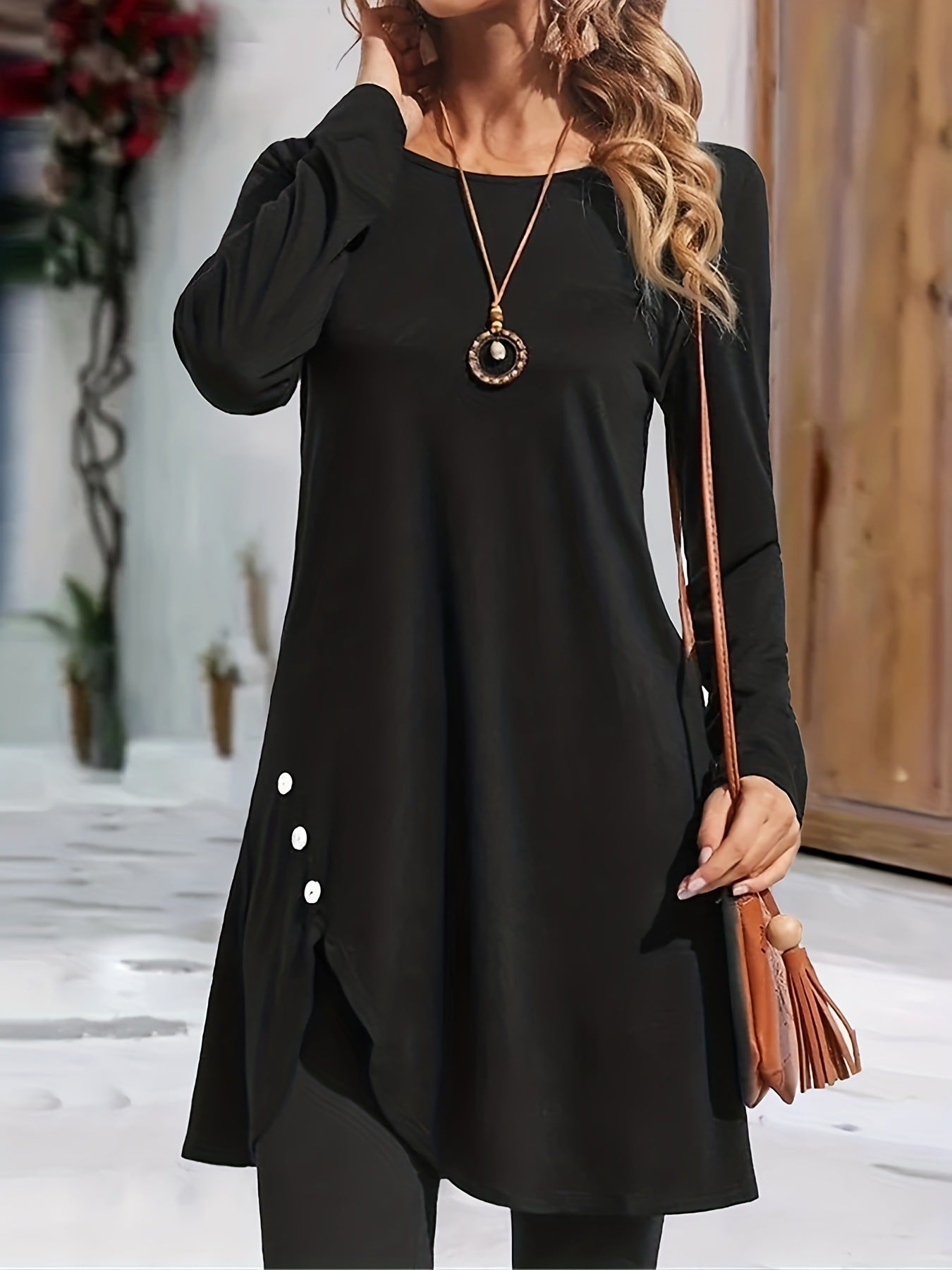 Plus Size Women Round Neck Solid Buttonknitting Dress 3