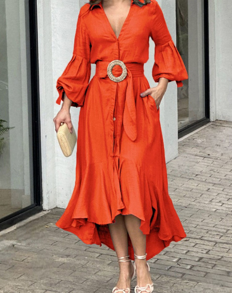 Green Dress Western Dress Fashion Casual Full Sleeve V Neck Turndown Collar Solid & Pocket Maxi Dress 5