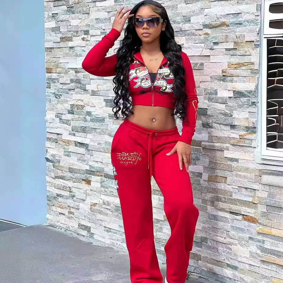 Fashionable street printed zipper short hoodies high waist straight trousers two piece set 9