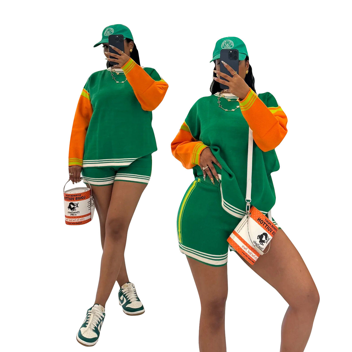 Women's Sporty Casual Color-Block Long Sleeve Two Piece Shorts Set 4