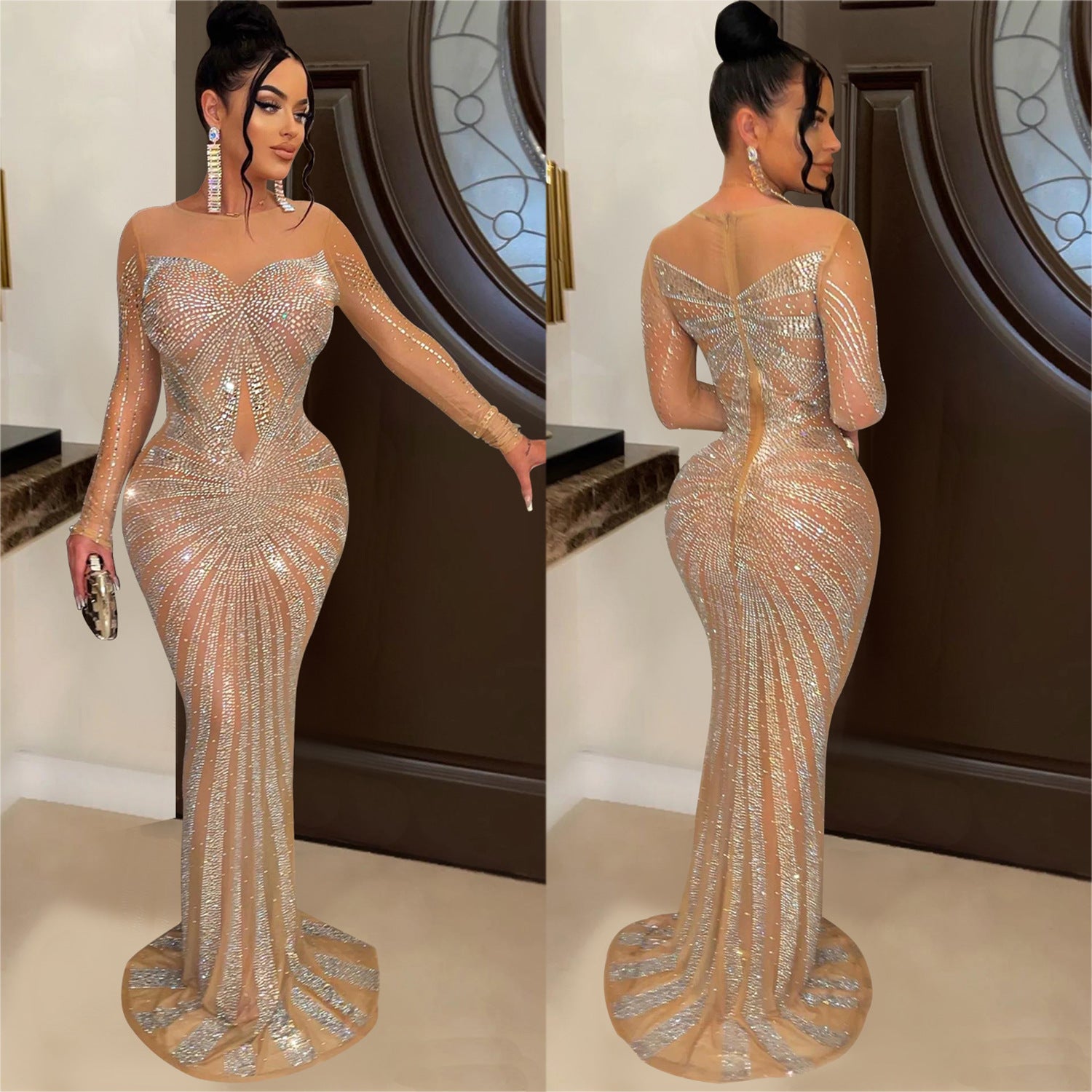 Women Solid Color Mesh See-Through Beaded Long Sleeve Maxi Dress 7