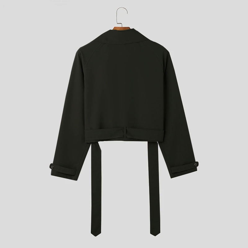 Fashionable Loose Jacket Belt For Men In Autumn Turndown Collar Cargo Short Windbreaker Jacket 7